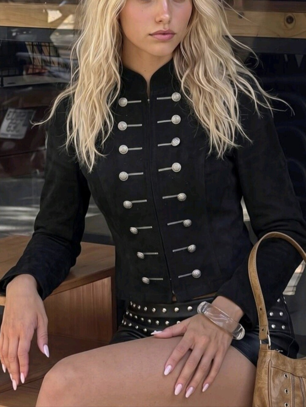 Women's Black Casual Party Knight Jacket With High Stand Collar, Long Sleeve